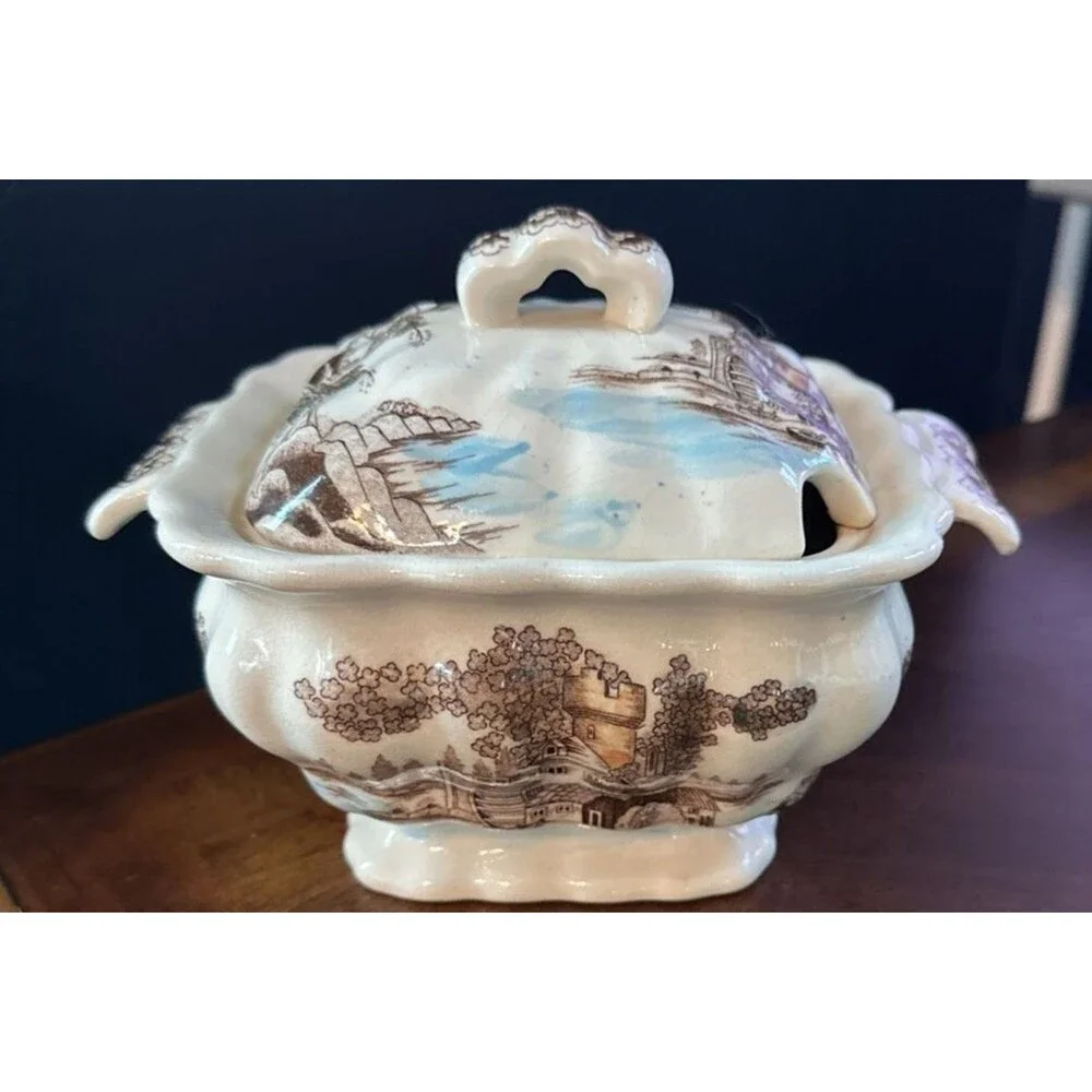 Vintage Transferware Brown Blue Castle Scene Sauce Gravy Tureen
